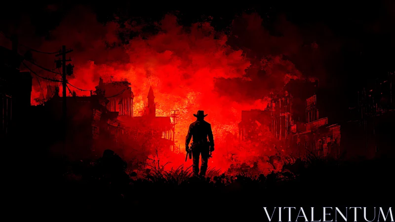 Gunslinger strides through helllit ruins of a dying frontier.