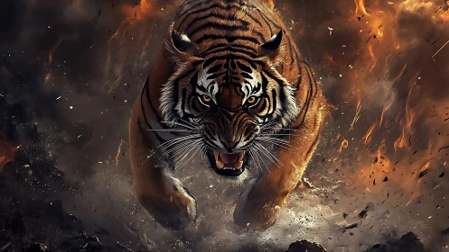 Charging Bengal tiger amid explosion-grade fire and debris field