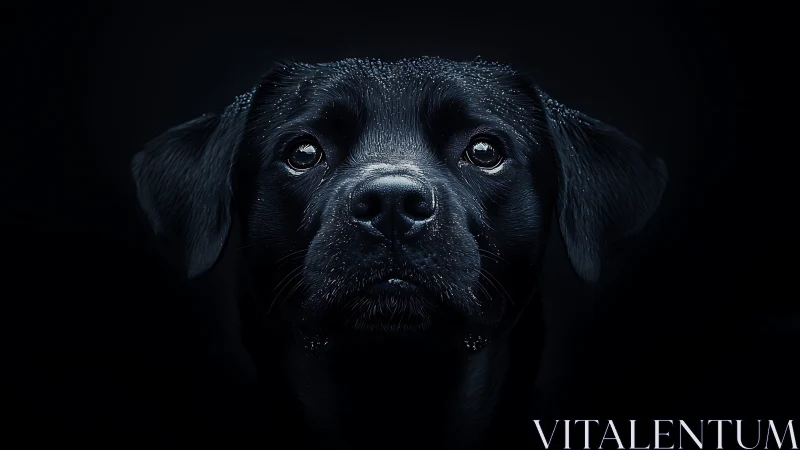Gentle black dog gazing through the darkness with quiet hope.