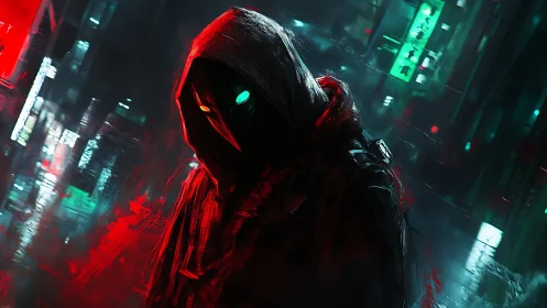 Neon-eyed hooded wraith stalking rain-slick cyber alleys.