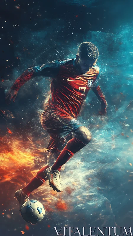 Fiery soccer forward drives ball through blazing light