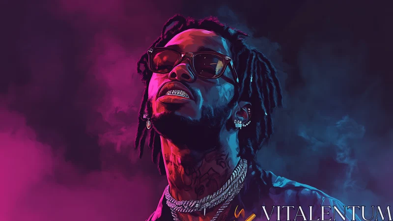 Neon-lit portrait uses dual-tone rim lighting on stylized rapper