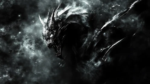 Shadow dragon emerges through swirling cosmic smoke