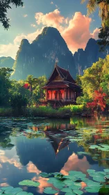 Serene lakeside temple reflects beneath towering emerald peaks.