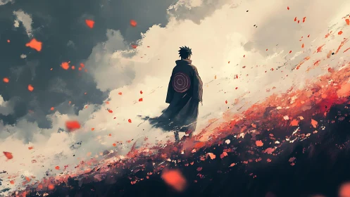 Lone cloaked wanderer climbs a burning twilight hillside.