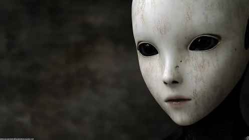 Alien-like porcelain mask portrait on dark background.