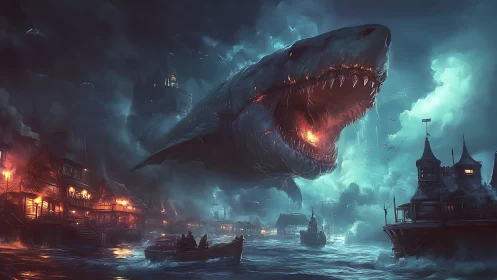 Firemaw leviathan over stormlit harbor town at midnight.