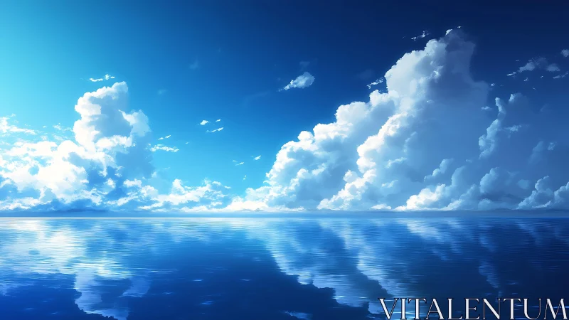 Endless blue horizon invites calm skies and mirrored clouds