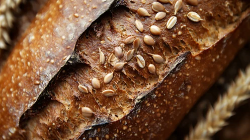 Artisanal seed-topped bread crust displays scored texture and golden sesame detail.