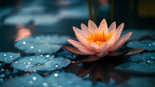 Macro analysis of dewy lotus bloom with shallow depth rendering