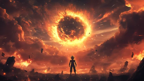 Silhouetted figure under fiery celestial explosion in sky.