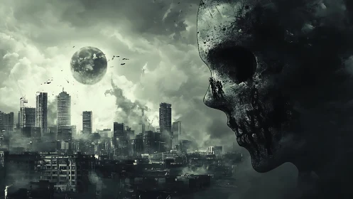 Apocalyptic megacity skyline with colossal eroded skull profile