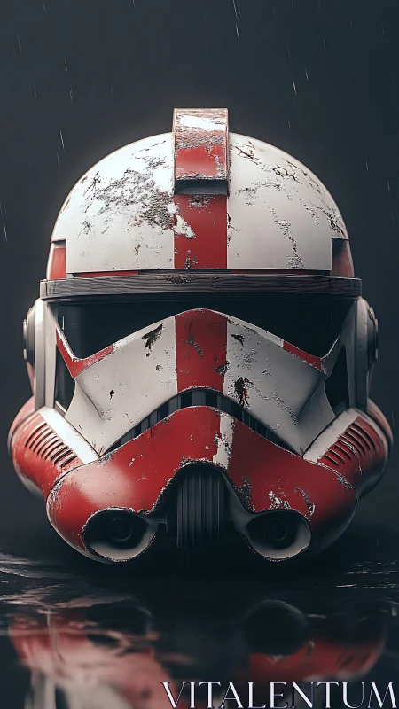 Battle-worn trooper helmet quietly rehearses its next war