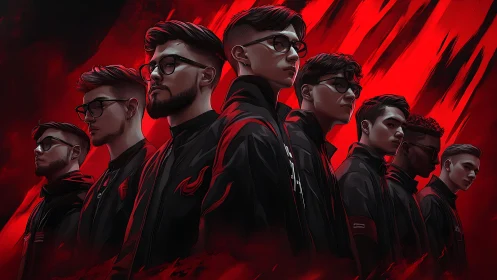 Esports team lineup in stylized red digital illustration.