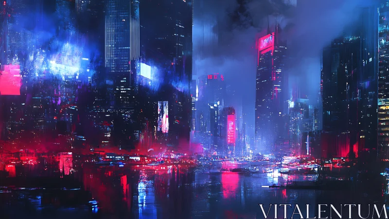 Neon tides over a misty cyber city waterfront at night.