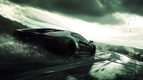 Supercar slices stormy coastal road in cinematic rain