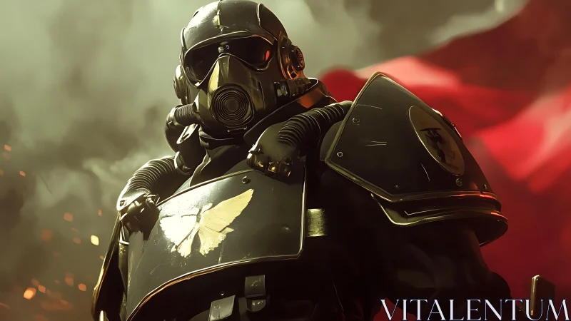 Armored soldier in gas mask before smoke and red banner.