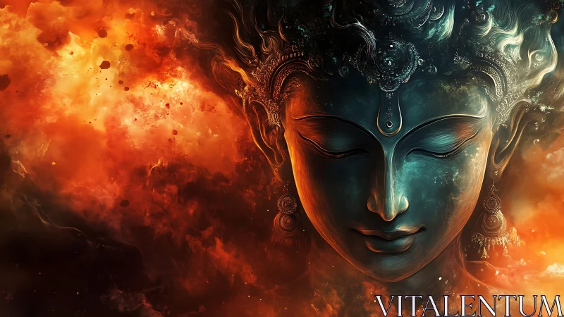 Serene cosmic face glowing softly in swirling fiery clouds.