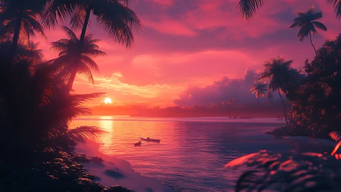 Tropical lagoon sunset under vivid magenta skies.