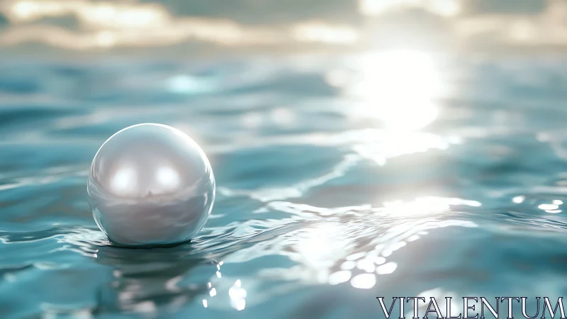 Luminous pearl sphere floating on sunlit turquoise water surface.