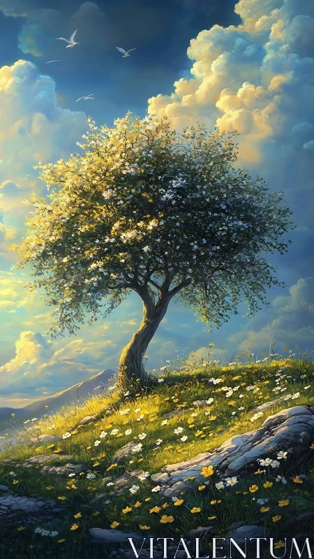 Backlit flowering tree crowns a windswept meadow under cumulus