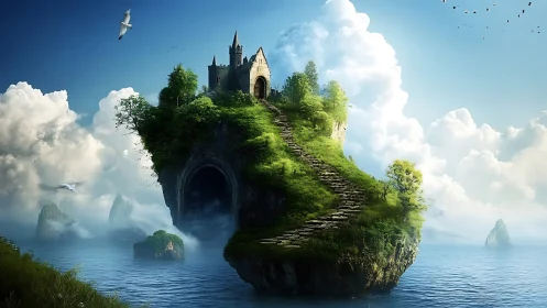 Floating Castle on Verdant Island. Fantasy Architecture Sanctuary.