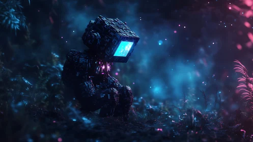 Solitary cube-headed robot glowing in a neon forest dreamscape.