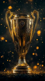 Gold championship trophy in dark background lighting.