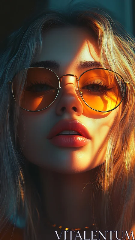 Close-up portrait of woman in orange tinted round sunglasses