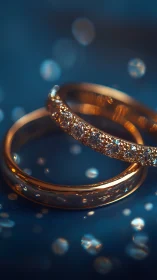 Macro view of gold wedding rings with pavé diamonds bokeh