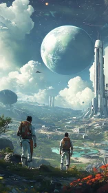 Star-walking pioneers surveying a newborn utopia world.