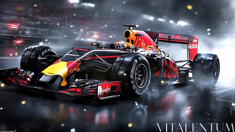 Red racing car powers through wet track in dynamic speed.