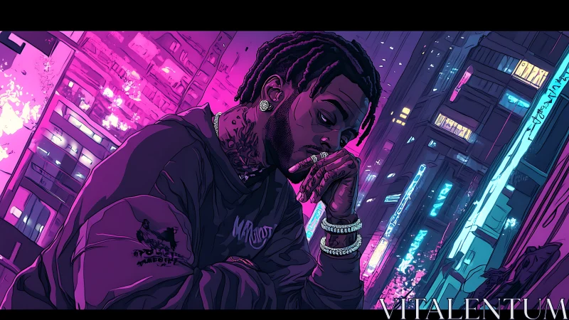 Pensive man in neon cityscape with purple cyberpunk glow.