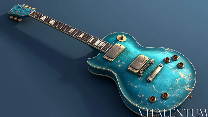 Weathered turquoise electric guitar basking in quiet light.