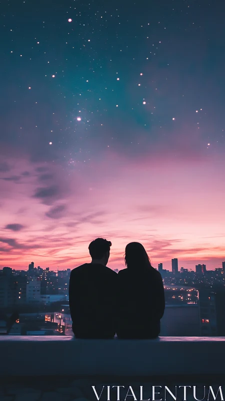 Silhouettes Commune Beneath Constellations Dancing Across Urban Twilight