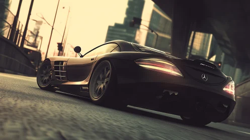 Midnight silver supercar prowls the sunlit urban canyon.