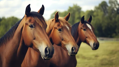 Triad of chestnut horses in shallow depth pastoral portrait.