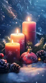 Christmas candles glow beside ornament in snowy fir boughs.