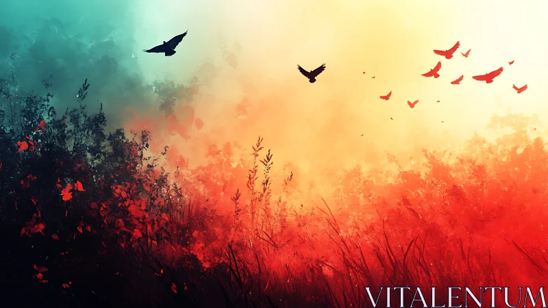 Contrasting dusk gradient silhouettes birds over abstract foliage