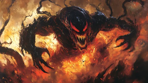 Demonic black creature with claws emerging from firestorm.