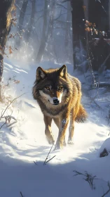 Lone wolf traversing high-contrast sunlit winter forest trail.