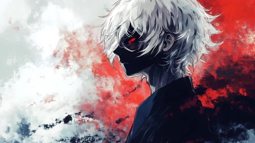 Brooding white haired figure against stormy red twilight.