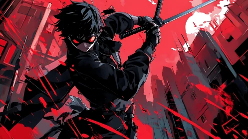 Anime nocturne swordsman in red urban combat composition.