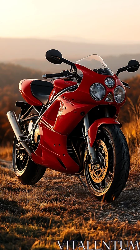 Red sport motorcycle with twin-disc braking in sunset field.