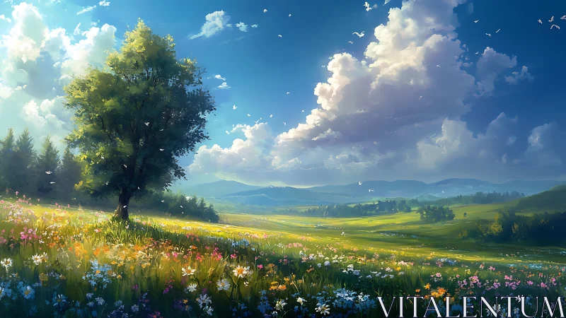 Sunlit wildflower meadow stretches beneath towering summer clouds