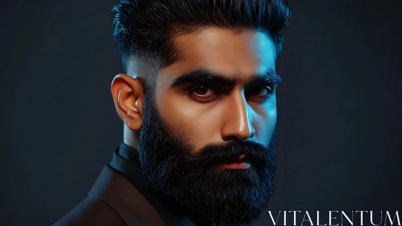 Cinematic bearded male portrait in teal and amber light.
