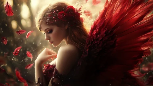 Red winged fairy in soft golden forest light at dusk.