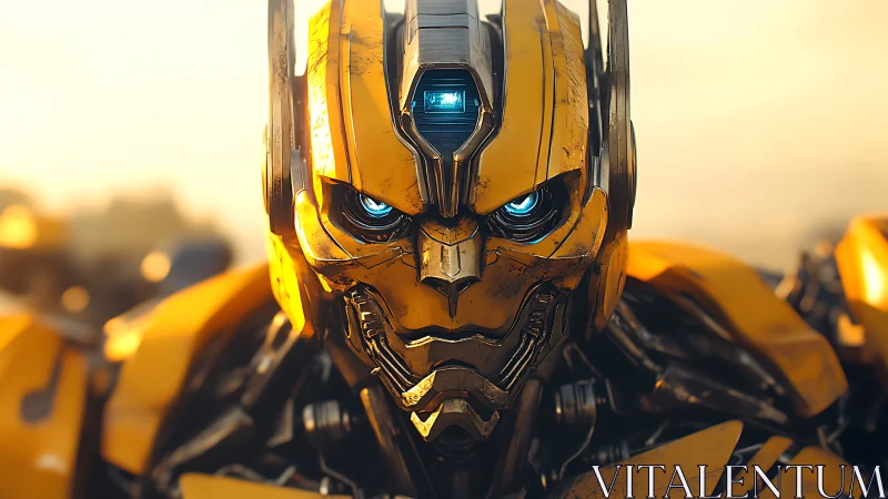 Yellow mechanical robot head is rendered in detailed closeup