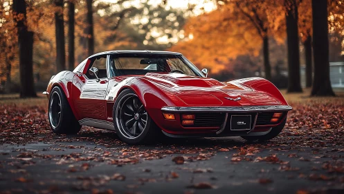 Red classic sports car is parked on leaf-covered asphalt