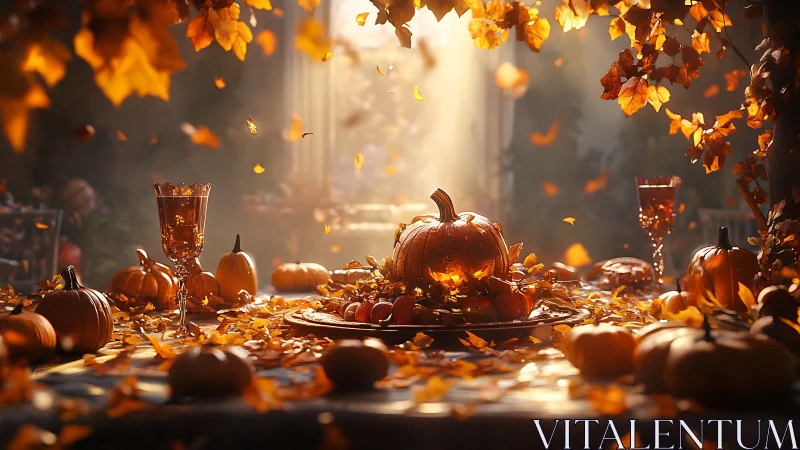 Autumn harvest table with pumpkins under warm golden light.
